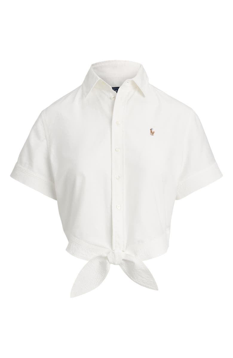 Polo Ralph Lauren Tie Front Oxford Short Sleeve Button-Up Shirt, Alternate, color, 