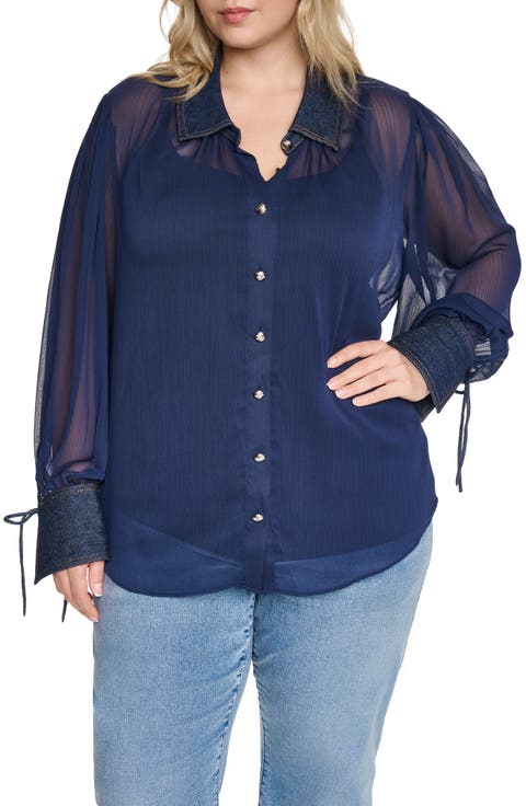 Crinkle Chiffon Shirt with Denim Trim