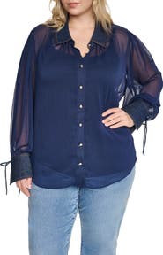KARL LAGERFELD PARIS Crinkle Chiffon Shirt with Denim Trim