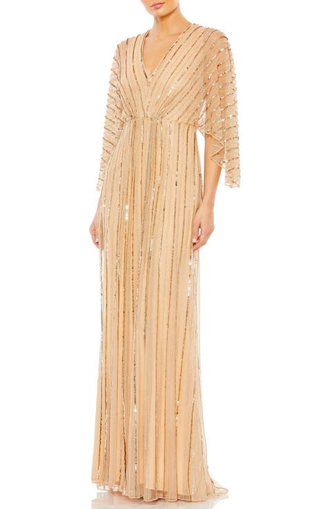 Sequin Beaded Stripe Cape Sleeve V-Neck Gown