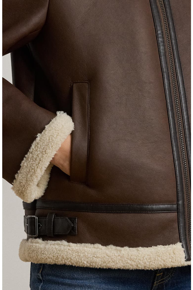 Faux Leather Jacket with Faux Shearling Trim, Alternate, color, DK CUOIO