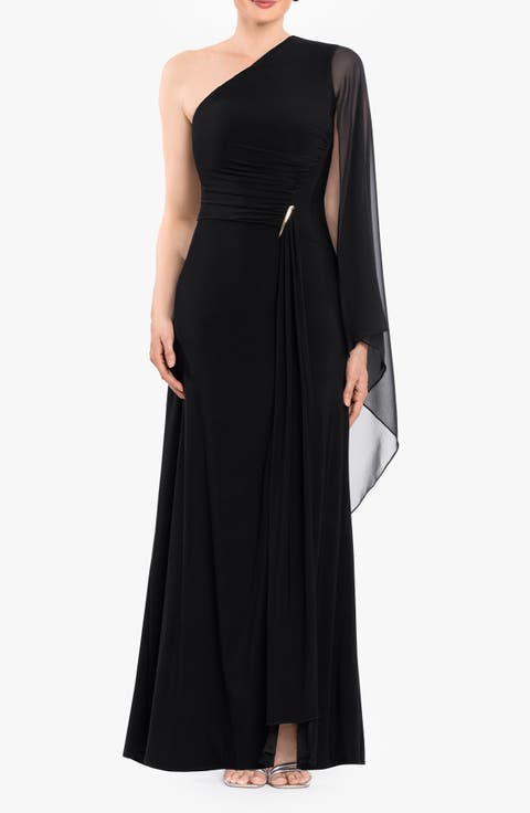 One Shoulder Chiffon Trim Maxi Dress