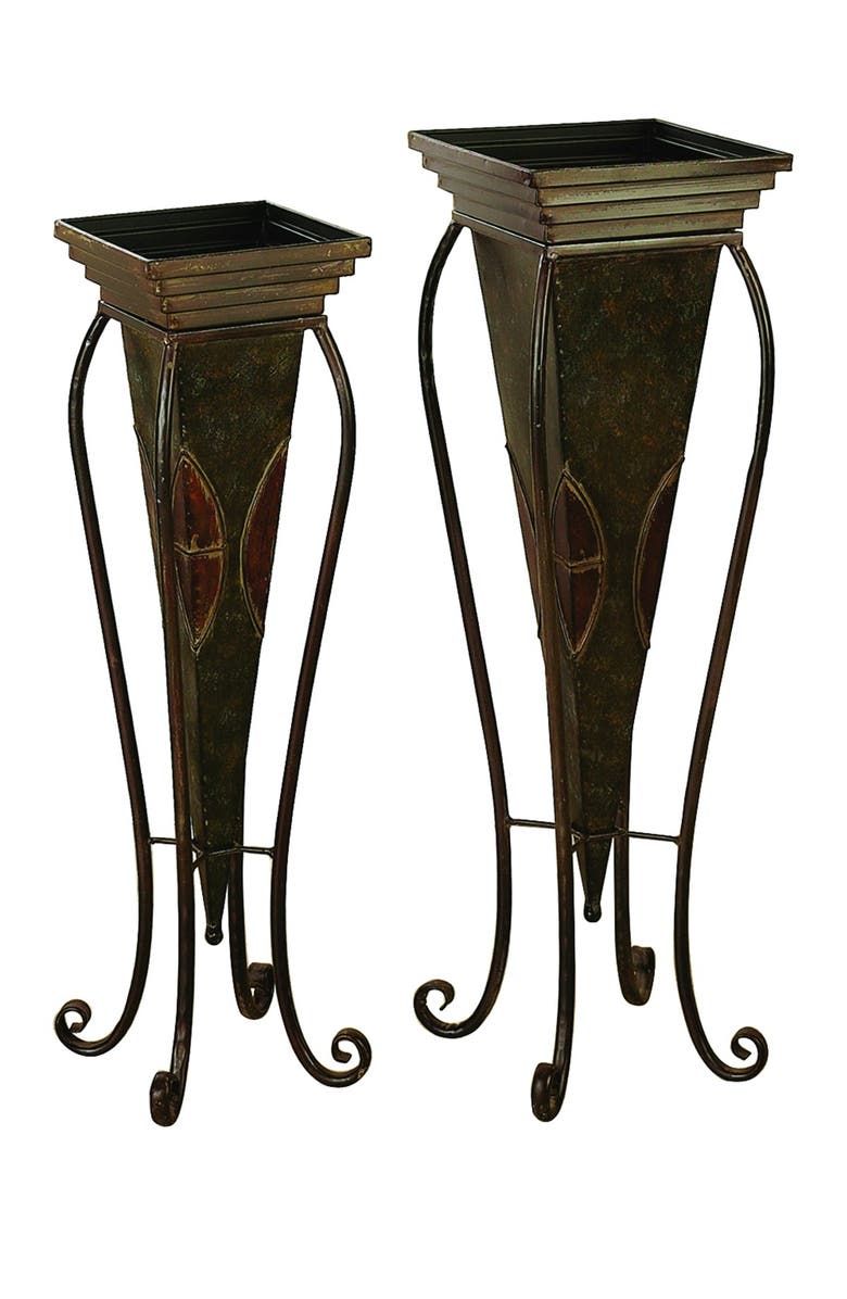 WILLOW ROW Brown Metal Indoor & Outdoor Planter with Scroll Stand - Set of 2, Main, color,
