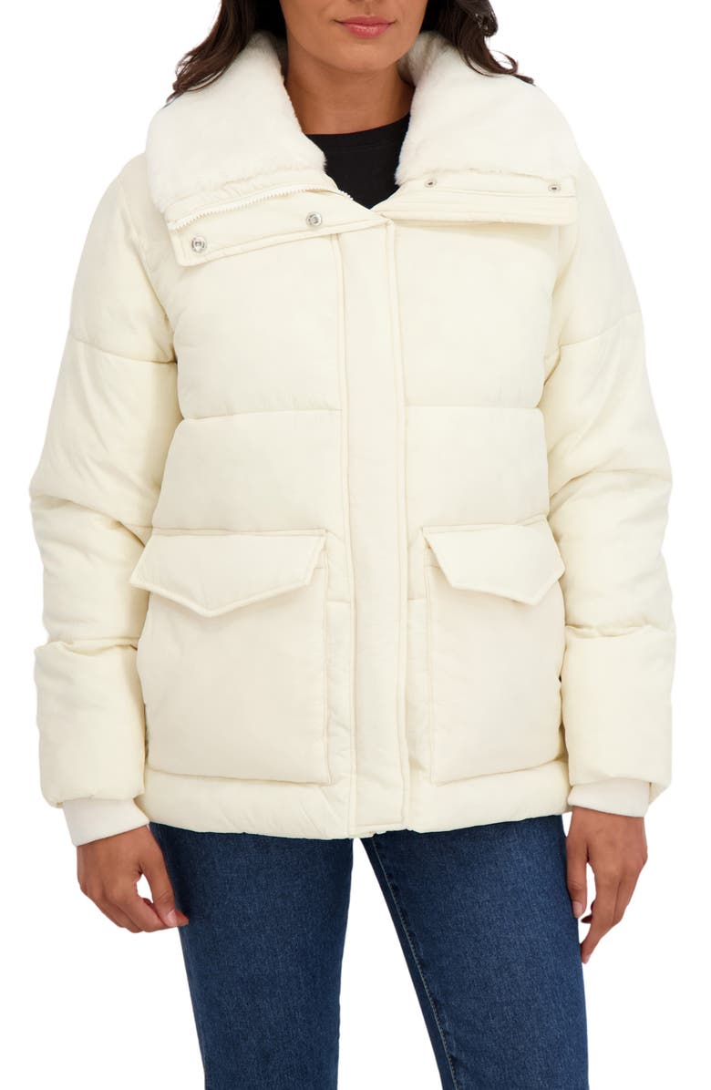 Sebby Water Resistant Faux Fur Collar Puffer Jacket, Main, color, Cream