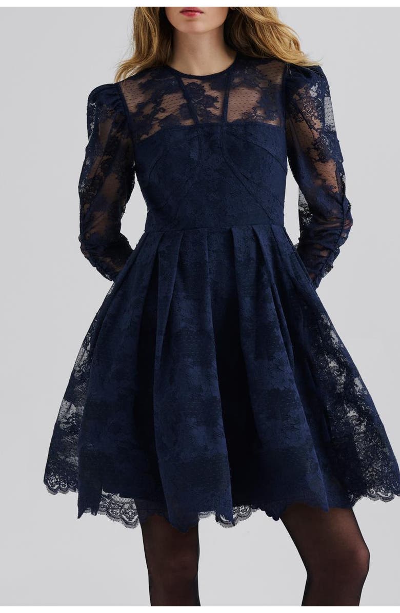Malina Leoni Lace Long Sleeve Mini Dress, Alternate, color, Dark Blue