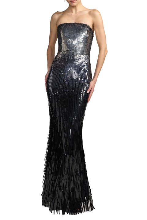 Ombre Sequin Strapless Fringe Gown
