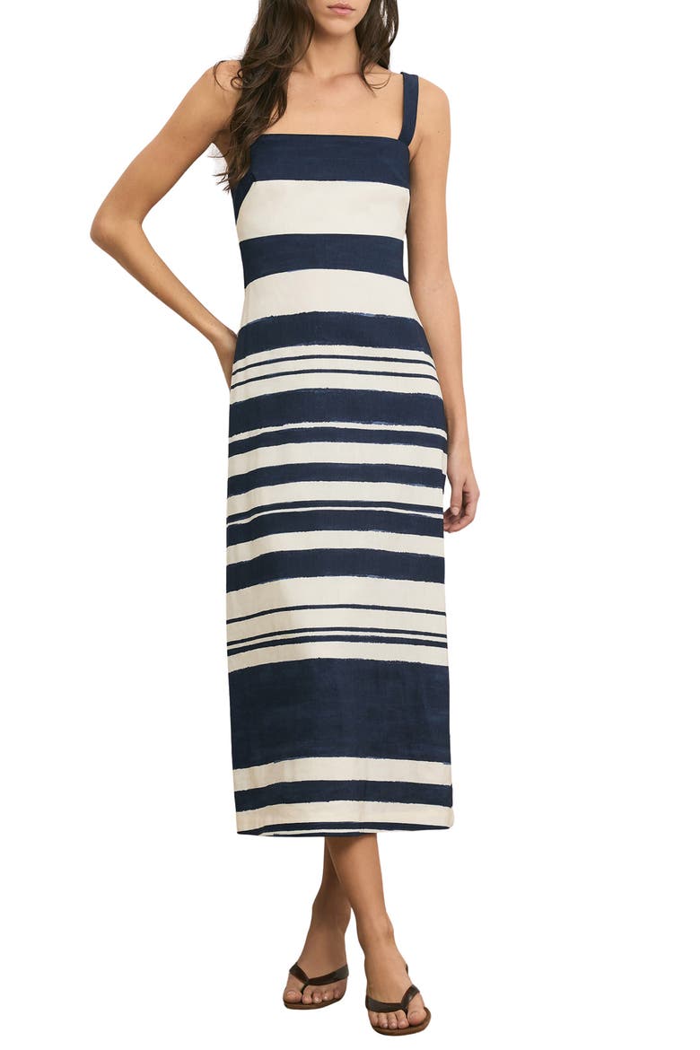 blue dress with white stripe on side Amalfi Stripe Side Tie Midi Dress in Blue & White Large