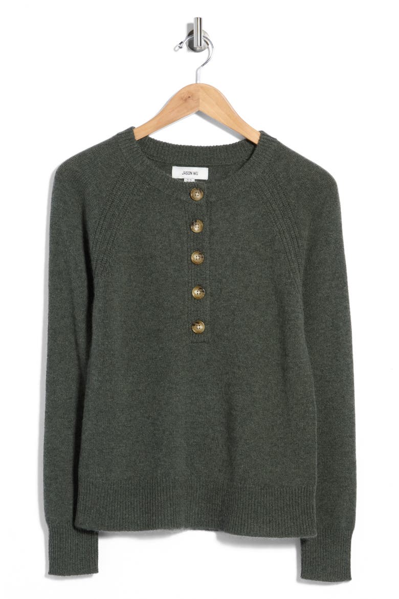 Cashmere Raglan Henley Sweater, Main, color, WILD OLIVE HEATHER