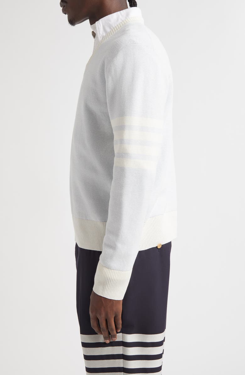 Thom Browne Relaxed Fit 4-Bar Textured Stripe V-Neck Linen & Cotton Sweater, Alternate, color, Light Blue