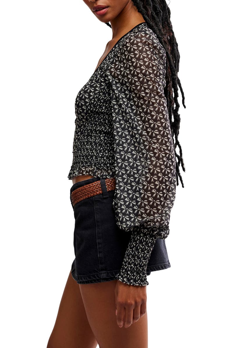Free People Dottie Bow Print Sheer Sleeve Smocked Top, Alternate, color, Black Combo