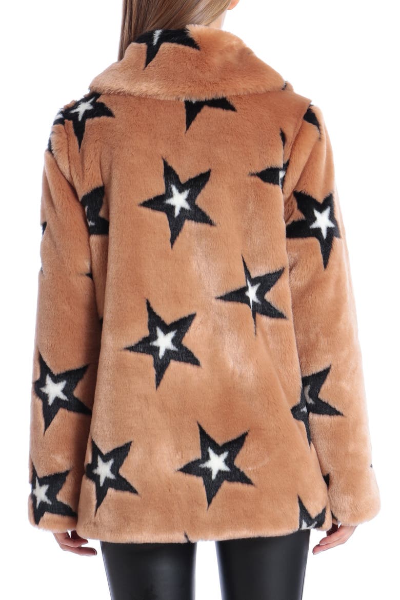 Star Print Faux Fur Swing Coat, Alternate, color, CAMEL/ BLACK STAR