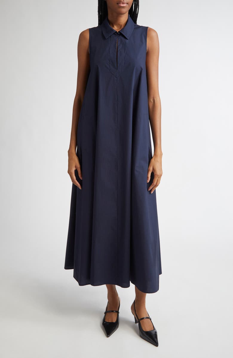 Emporio Armani Sleeveless Cotton Poplin Trapeze Dress, Main, color, Solid Dark Blue