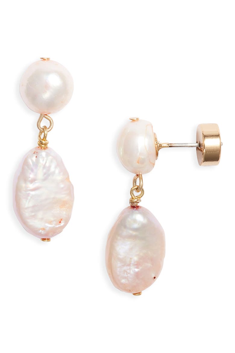 Demi Fine Freshwater Pearl Drop Earrings, Main, color, BLUSH- 14K GOLD PLATED