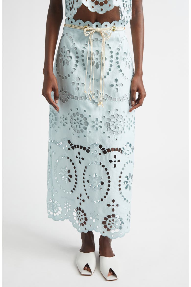 Awaken Belted Broderie Anglaise Midi Skirt, Main, color, MINT