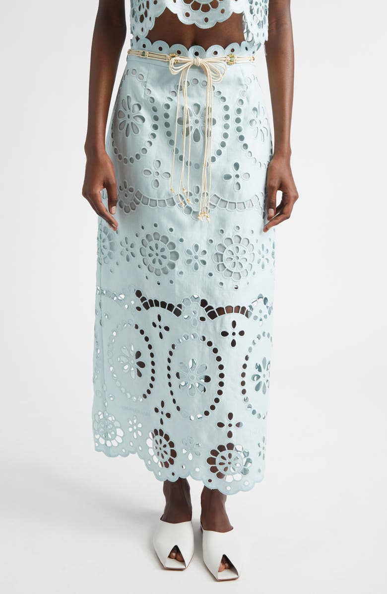 Zimmermann Awaken Belted Broderie Anglaise Midi Skirt, Main, color, Mint