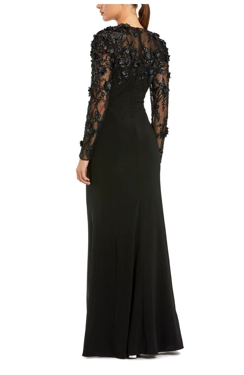 Mac Duggal Women's Jersey Long Sleeve Fitted Gown With Floral Beading, Alternate, color, Black