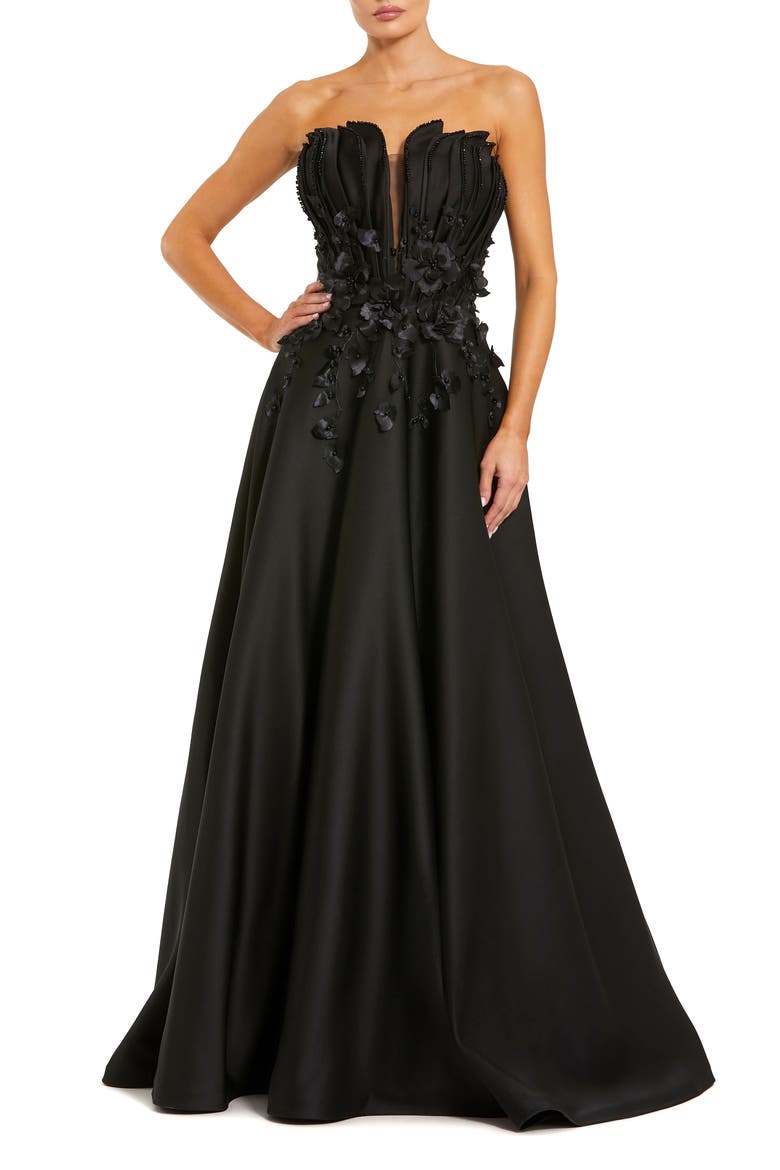 Petite Black Strapless Satin Floral Embellished Ball Gown, Main, color, Black