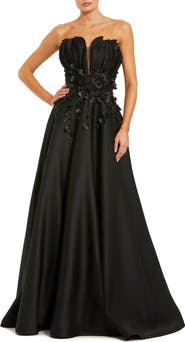 Mac Duggal Petite Black Strapless Satin Floral Embellished Ball Gown