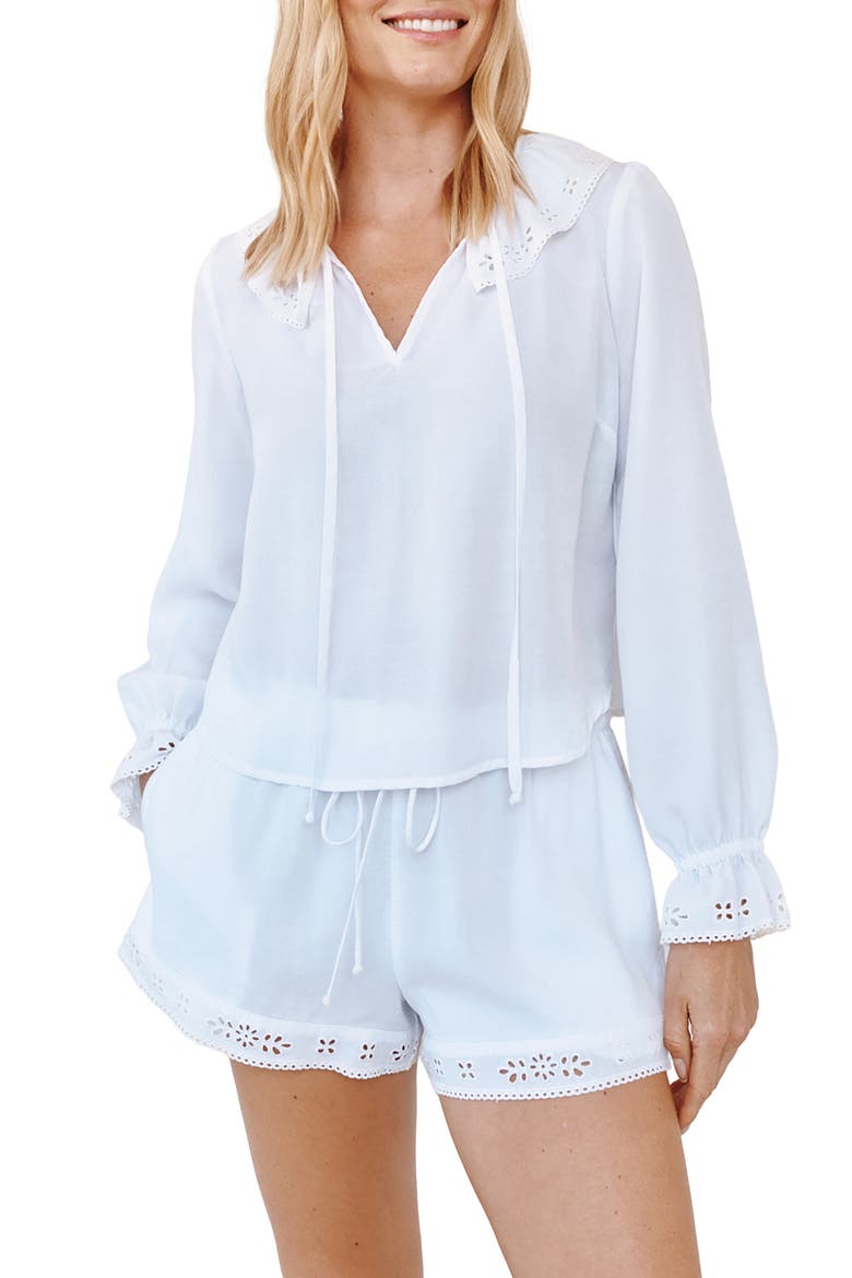 Ruffle Tie Neck Top, Main, color, WHITE