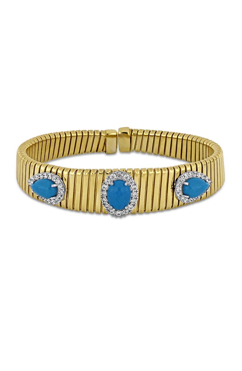 Julianna B. Turquoise & Cubic Zirconia 3-Stone Halo Bangle Bracelet, Main, color, Turquoise