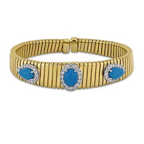 Turquoise & Cubic Zirconia 3-Stone Halo Bangle Bracelet