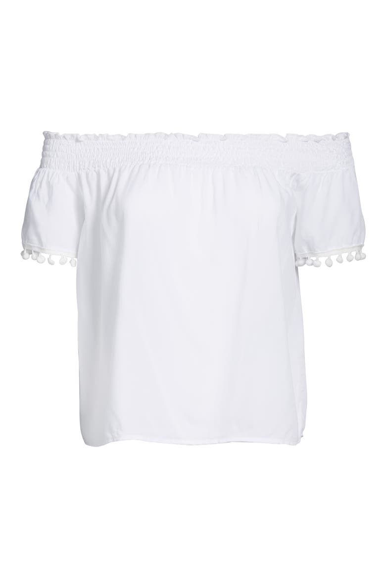 Smocked Check Off the Shoulder Top, Alternate, color, WHITE