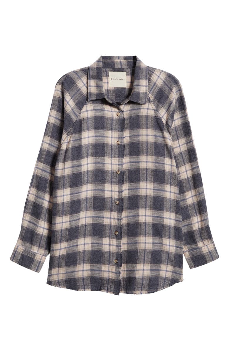 Lucky Brand Distressed Oversize Plaid Cotton Flannel Button-Up Shirt, Alternate, color, 