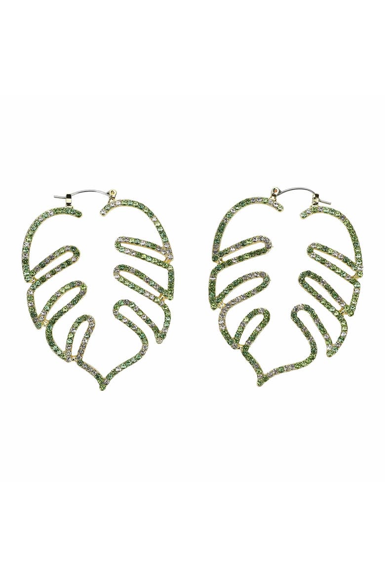 Palm Paradise Leaf Rhinestone Earrings - Hypoallergenic Snap Lever Hoop, Gold Metal Palm Leaf with Multicolor Rhinestones, 2.5x1.9 Inch, Alternate, color, Green