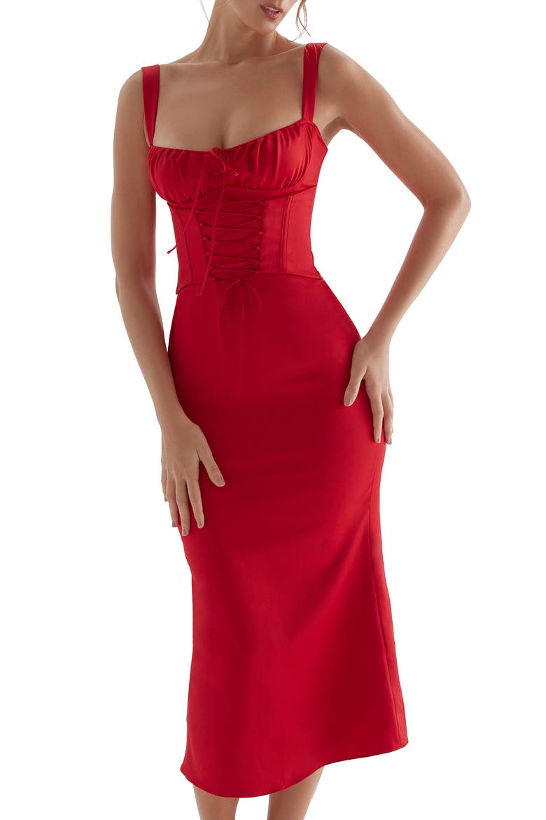 Valencia Duchess Satin Corset Midi Dress, Alternate, color, RED ROSE