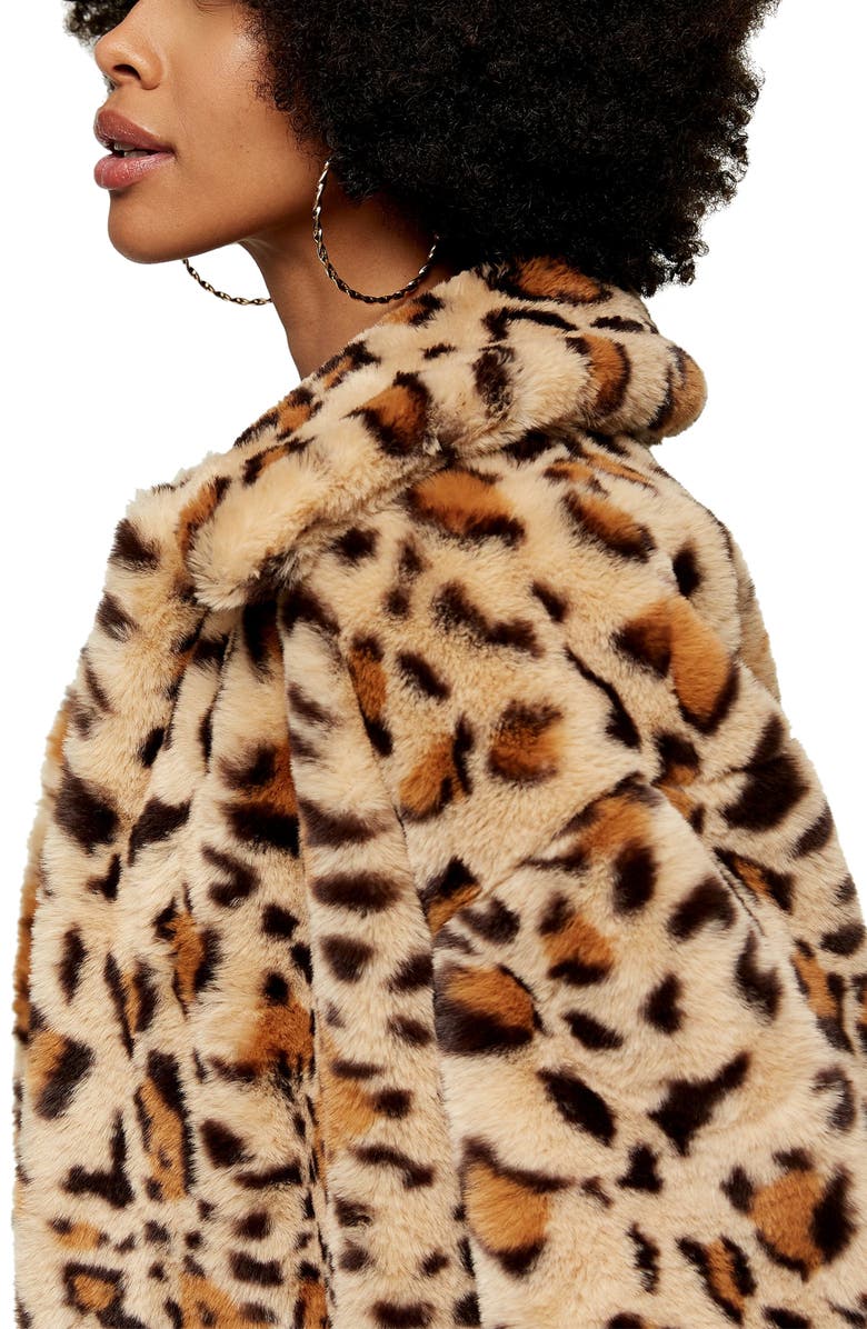 Topshop Eddie Leopard Pattern Faux Fur Jacket, Alternate, color, 