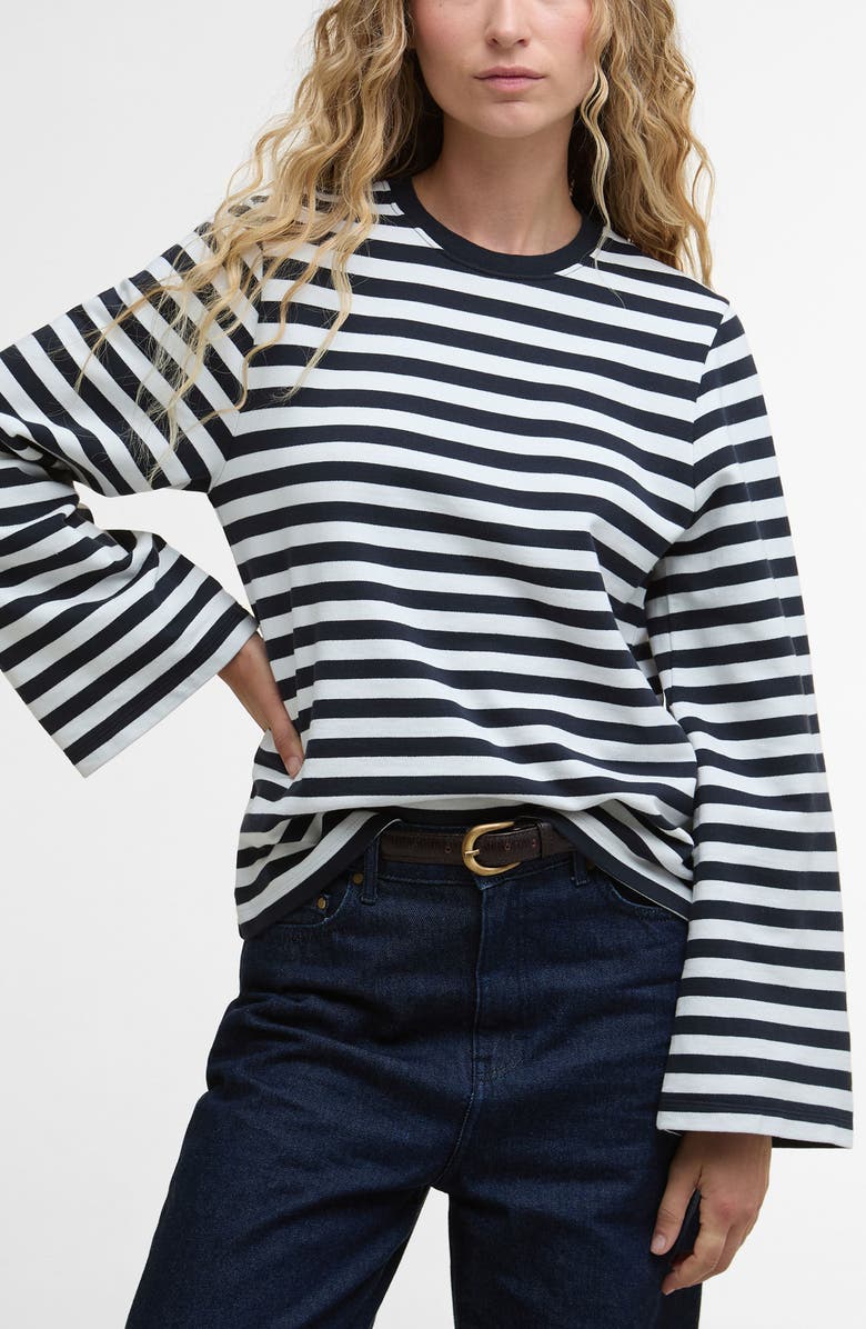 Barbour Robyn Stripe Flare Sleeve Sweatshirt, Main, color, Dark Navy Stripe