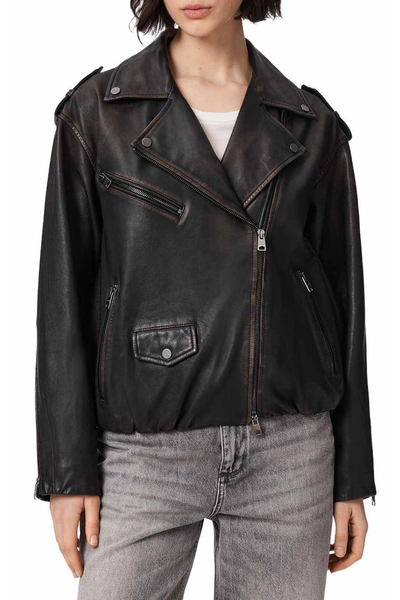 Samina Leather Biker Jacket, Main, color, BLACK/ BROWN
