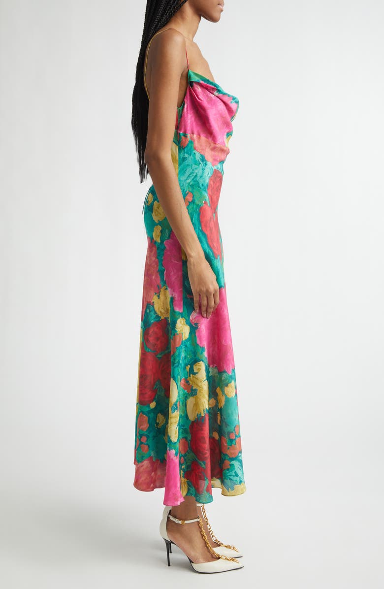 Balmain Rose Print Silk Crêpe de Chine Slipdress, Alternate, color, Ulj Green/ Multi