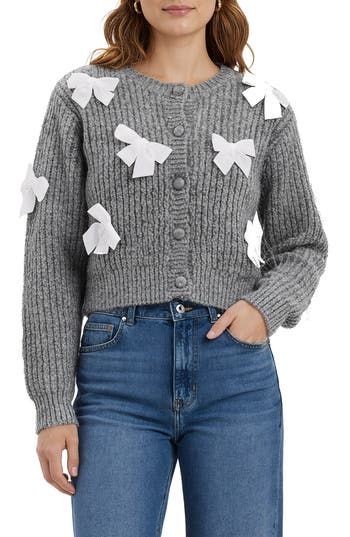 Lush Bow Appliqué Cardigan In Gray