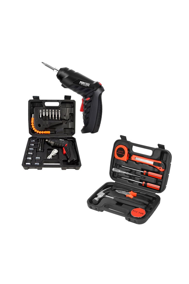 Electric Screwdriver & 9-Pc Handy Tool Set, Main, color, Black