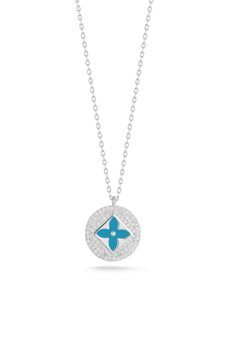 SPHERA MILANO Clover Enamel Cubic Zirconia Pendant Necklace, Main, color, Silver