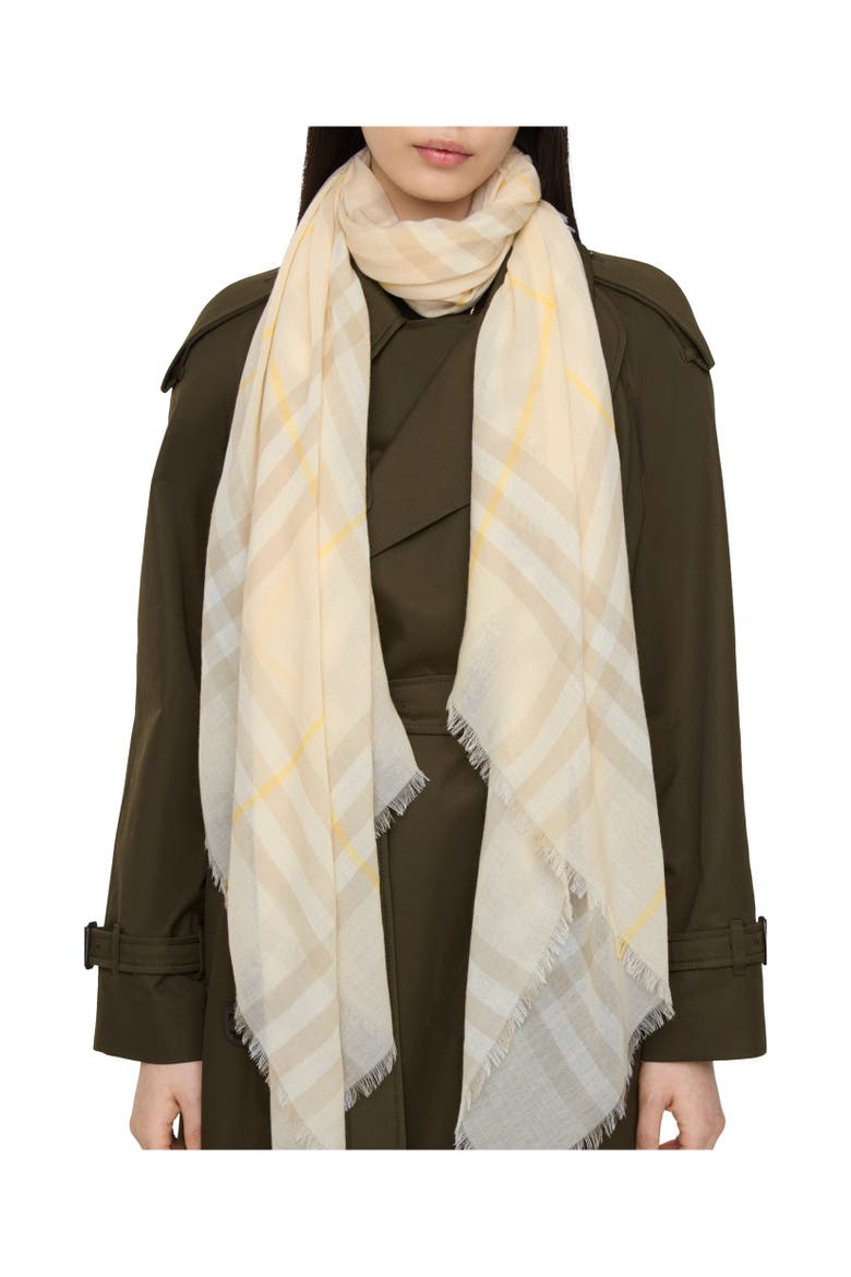 Wide Check Wool Scarf, Alternate, color, Custard beige