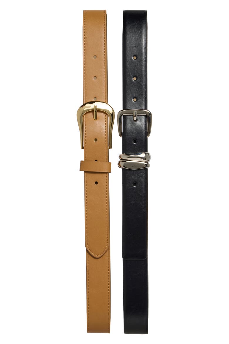 Set of 2 Faux Leather Belts, Main, color, TOBACCO BROWN-BLACK