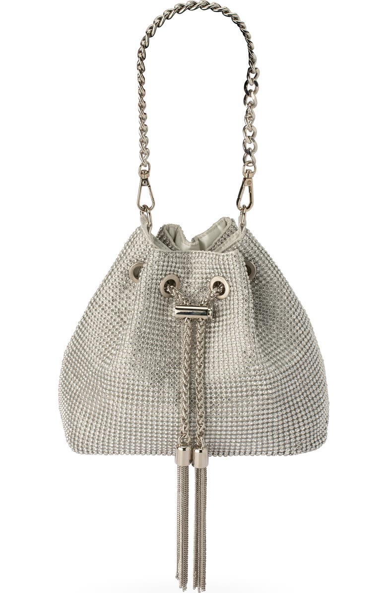 Olga Berg Sylvie Crystal Embellished Bucket Bag, Main, color, Silver