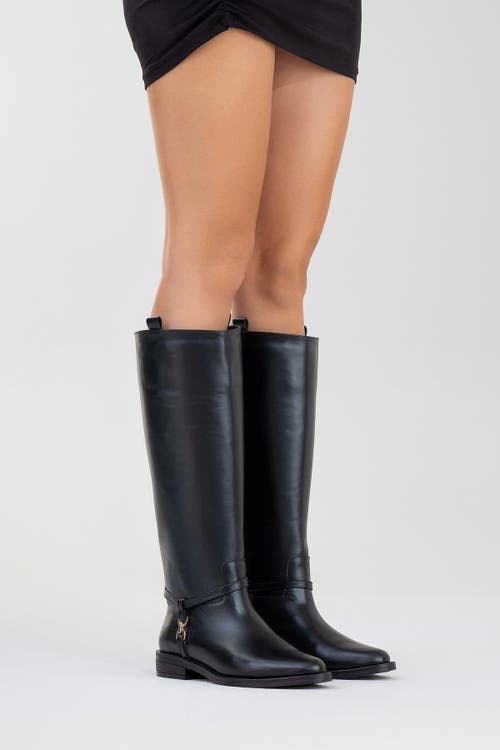 Forever & Always Shoes May Leather Knee High Buckle Boot In Black