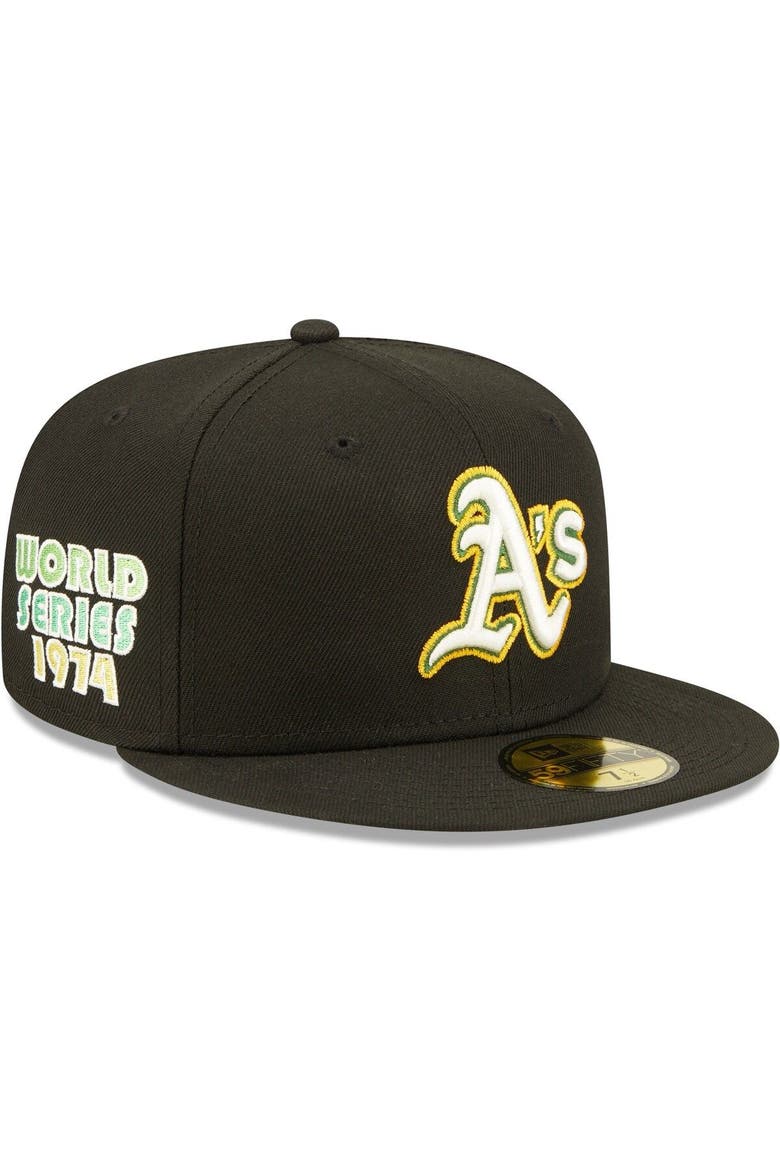 Men's New Era Black Oakland Athletics 1974 World Series Champions Citrus Pop UV 59FIFTY Fitted Hat, Main, color, Black