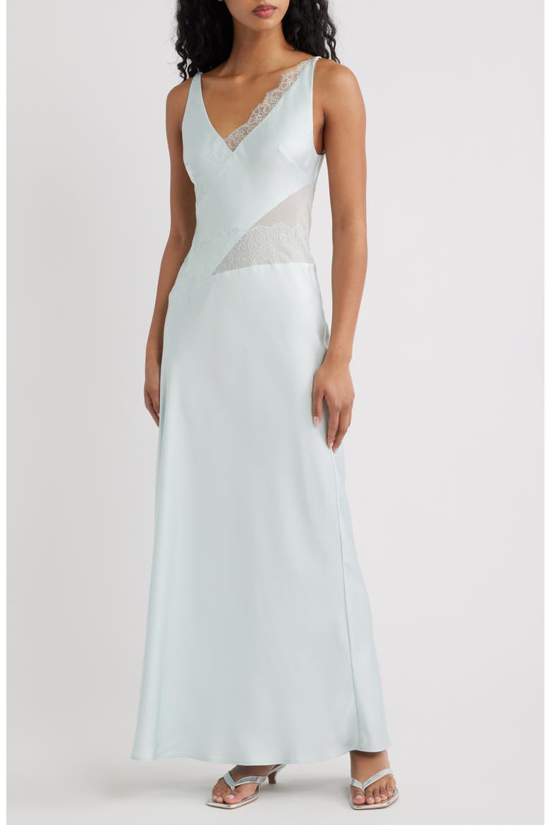 Ellis Sheer Mesh Lace Inset Satin Gown, Main, color, ADRIATIC