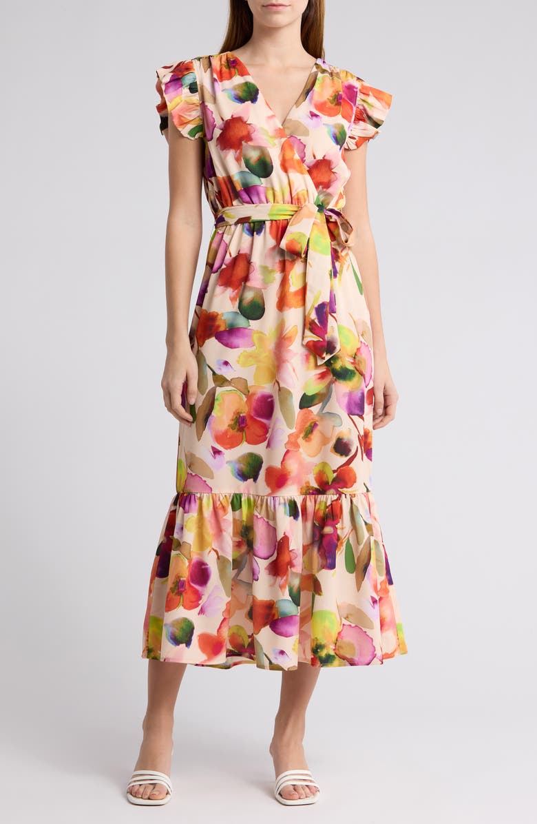 Sam Edelman Watercolor Floral Cap Sleeve Maxi Dress, Main, color, Ecru Multi