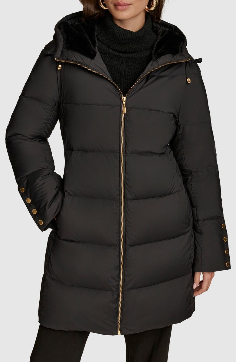 Donna Karan New York Water Resistant Hooded Down Puffer Coat, Main, color, Black