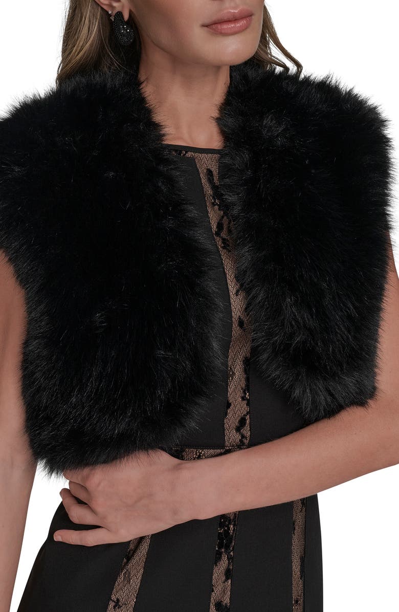 BCBG Faux Fur Sleeveless Shrug, Alternate, color, Black