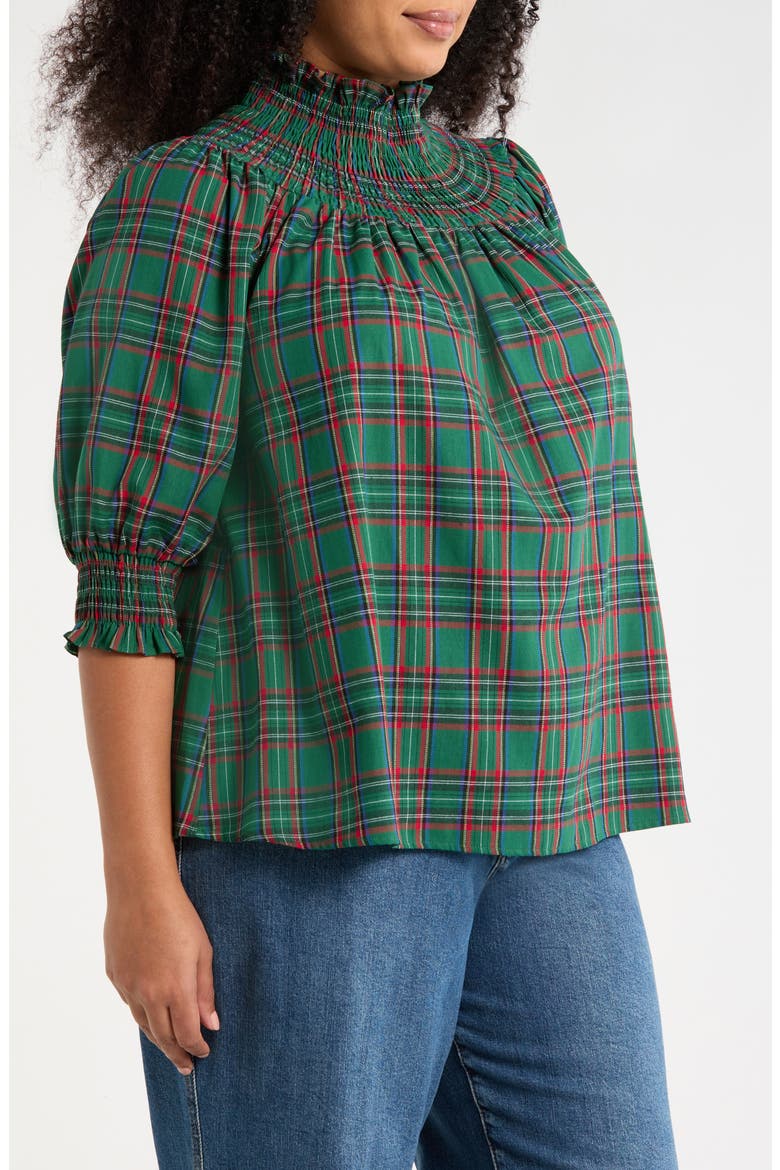Jace Plaid Smocked Cotton Top, Alternate, color, GREEN-MULTI
