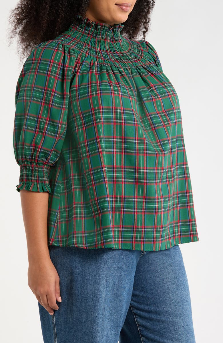 SUGARLIPS Jace Plaid Smocked Cotton Top, Alternate, color, Green-Multi