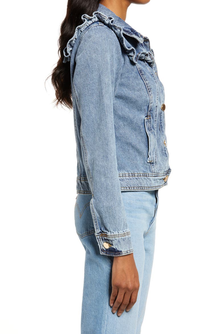 Frill Denim Trucker Jacket, Alternate, color, MEDIUM DENIM