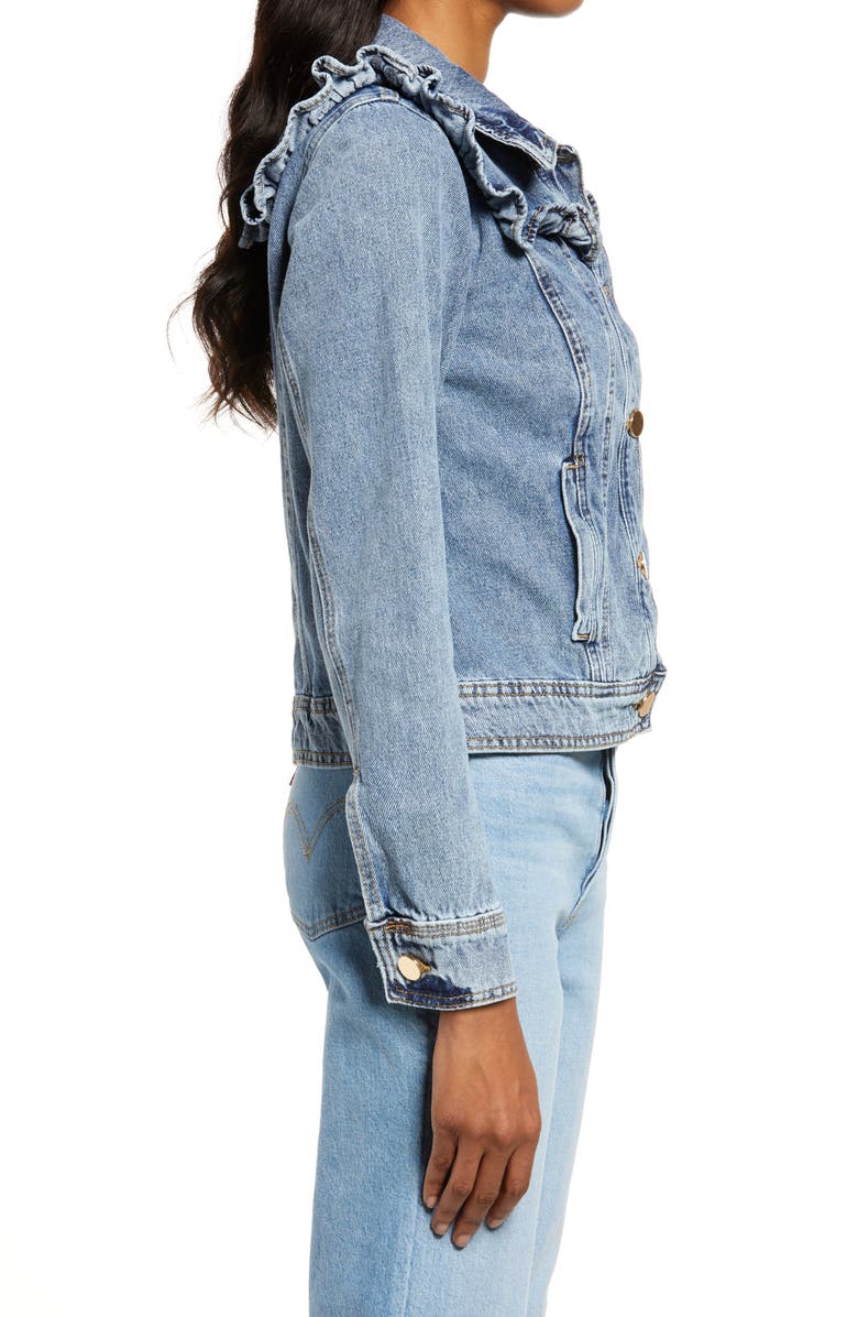 River Island Frill Denim Trucker Jacket, Alternate, color, 
