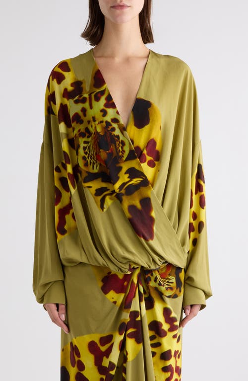 Dries Van Noten Camiel Leopard Orchid Print Faux Wrap Top In Ocra